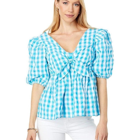 🐬 LILLY PULITZER SARAFINA TURQUOISE OASIS CRINKLE GINGHAM SHORT SLEEVE TOP! - Picture 13 of 15